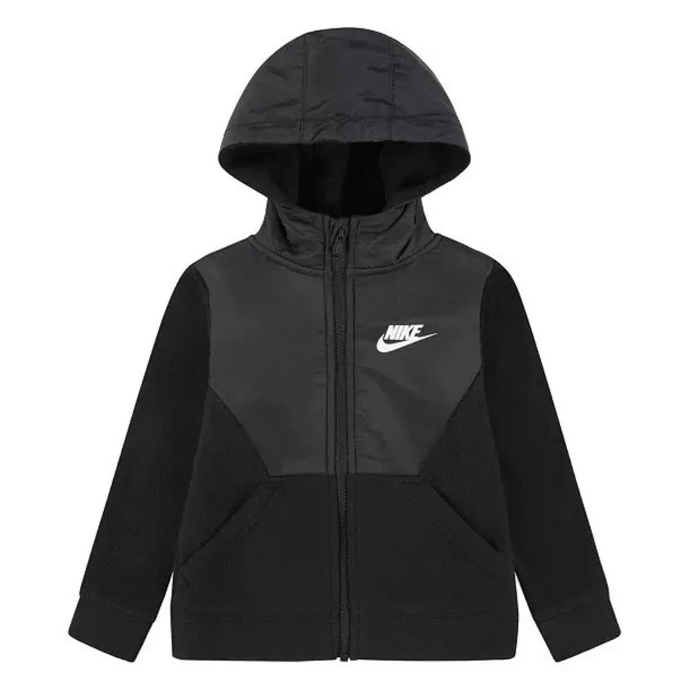 Nike Full Zip Fleece Hoodie Kids Size 5 Black Mixed Media Hooded Jacket L977-023